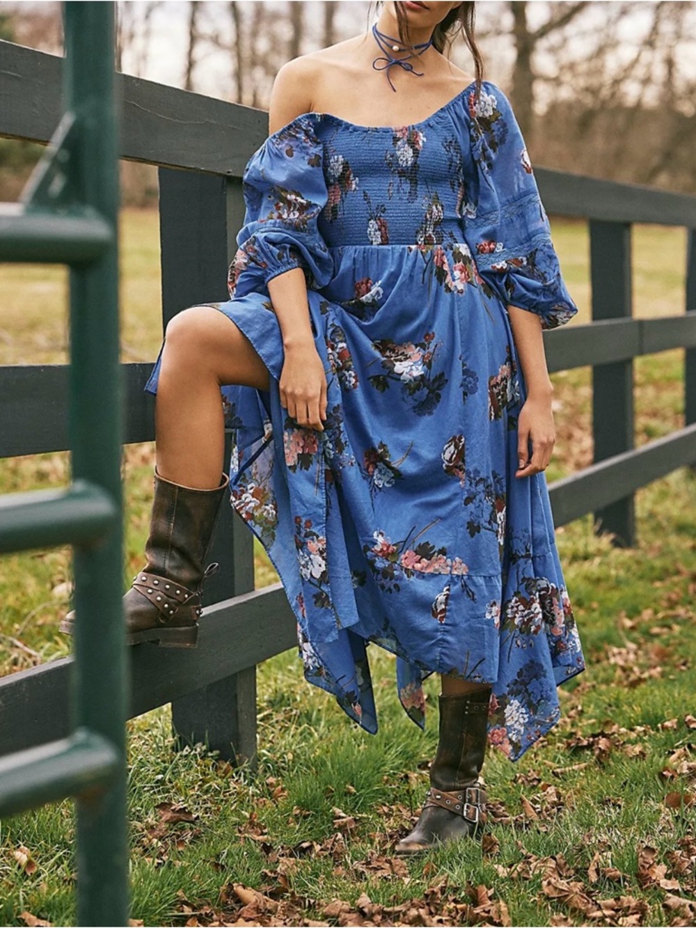 FREE PEOPLE Morning Glory Maxi Dress Dutch Blue Floral Boho XS Oversized New - Picture 3 of 13
